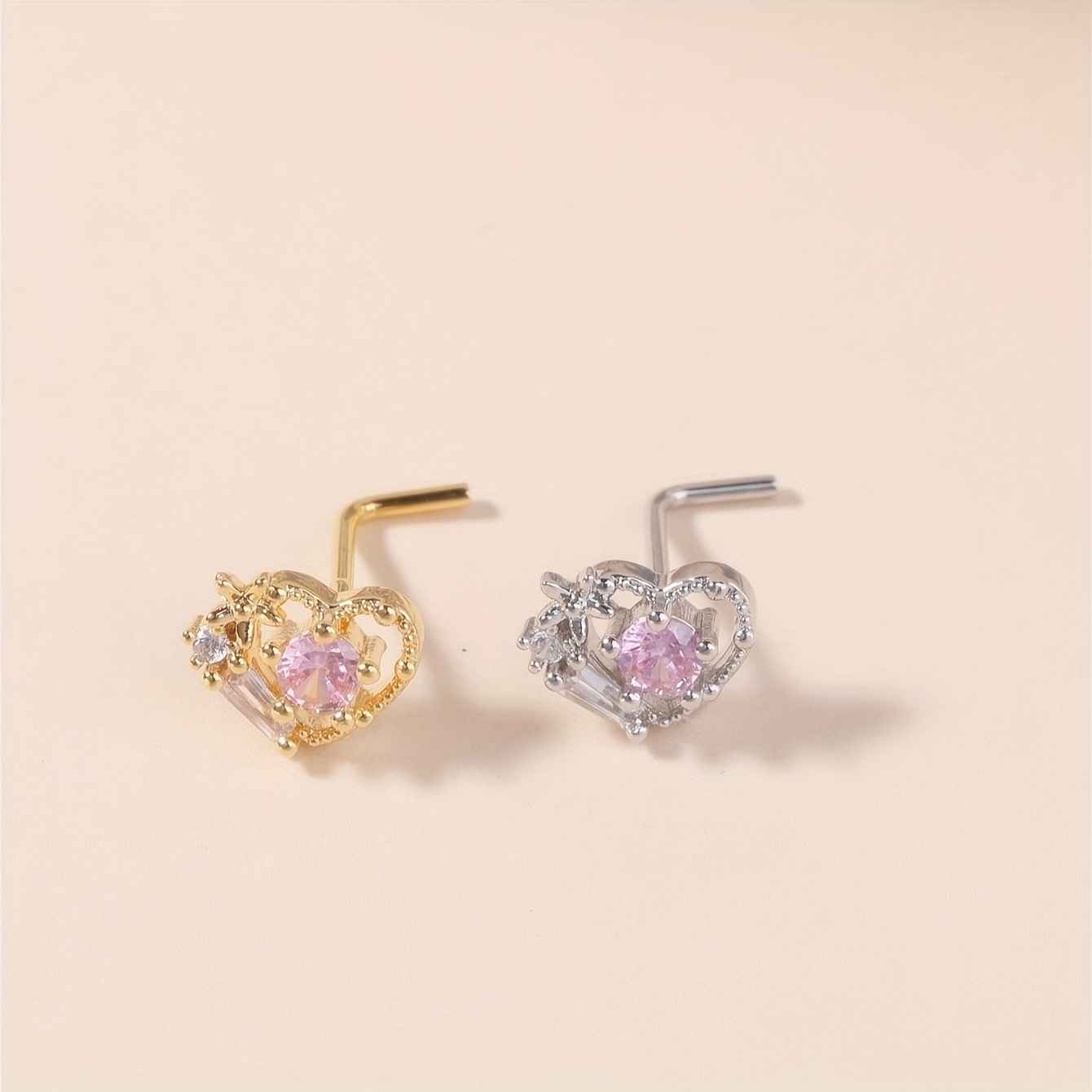 Women's Heart Pink CZ Nose Piercing Jewelry, Gift for Her